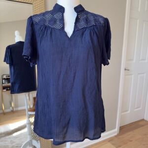 Nanette Lepore Blue Embroidered Neckline Short Sleeve V-Neck Casual Blouse Top M